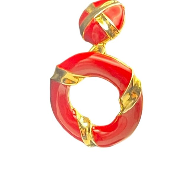 **Vintage Gold Tone And Red Enamel Dangle Earrings - Picture 4 of 6